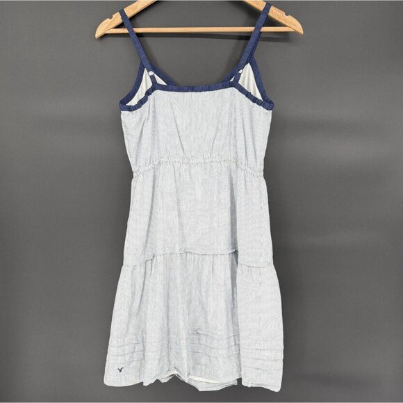 American Eagle Women's Pinstripe Bow Tie Tiered Summer Dress Size 6 Blue White - Picture 2 of 9